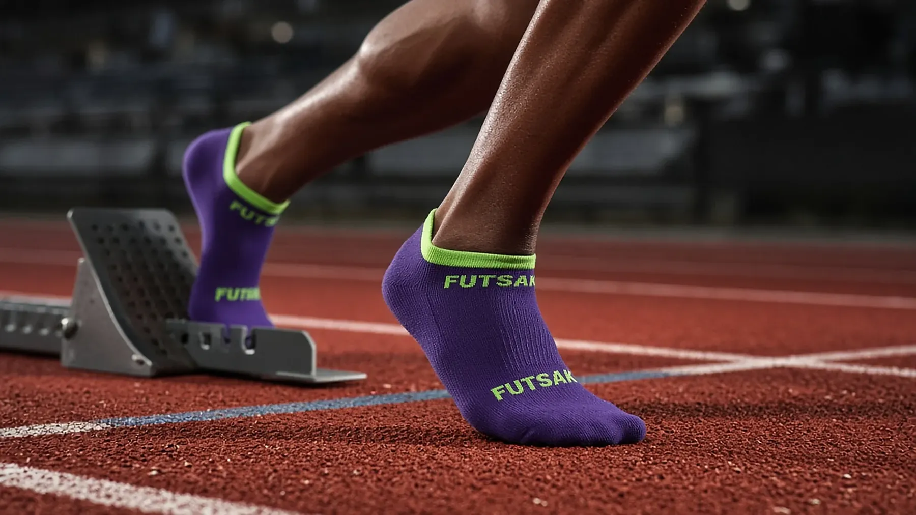 A sprinter in the blocks wearing purple Futsak socks